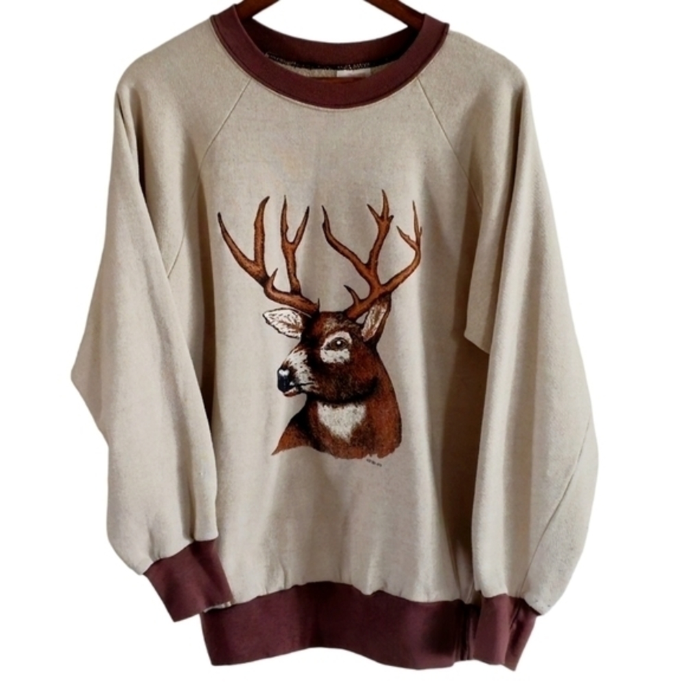 Ace Vintage 1991 Deer Pullover Sweatshirt Sz L‎ Reindeer Buck Elk Hunting Nature - Picture 2 of 10